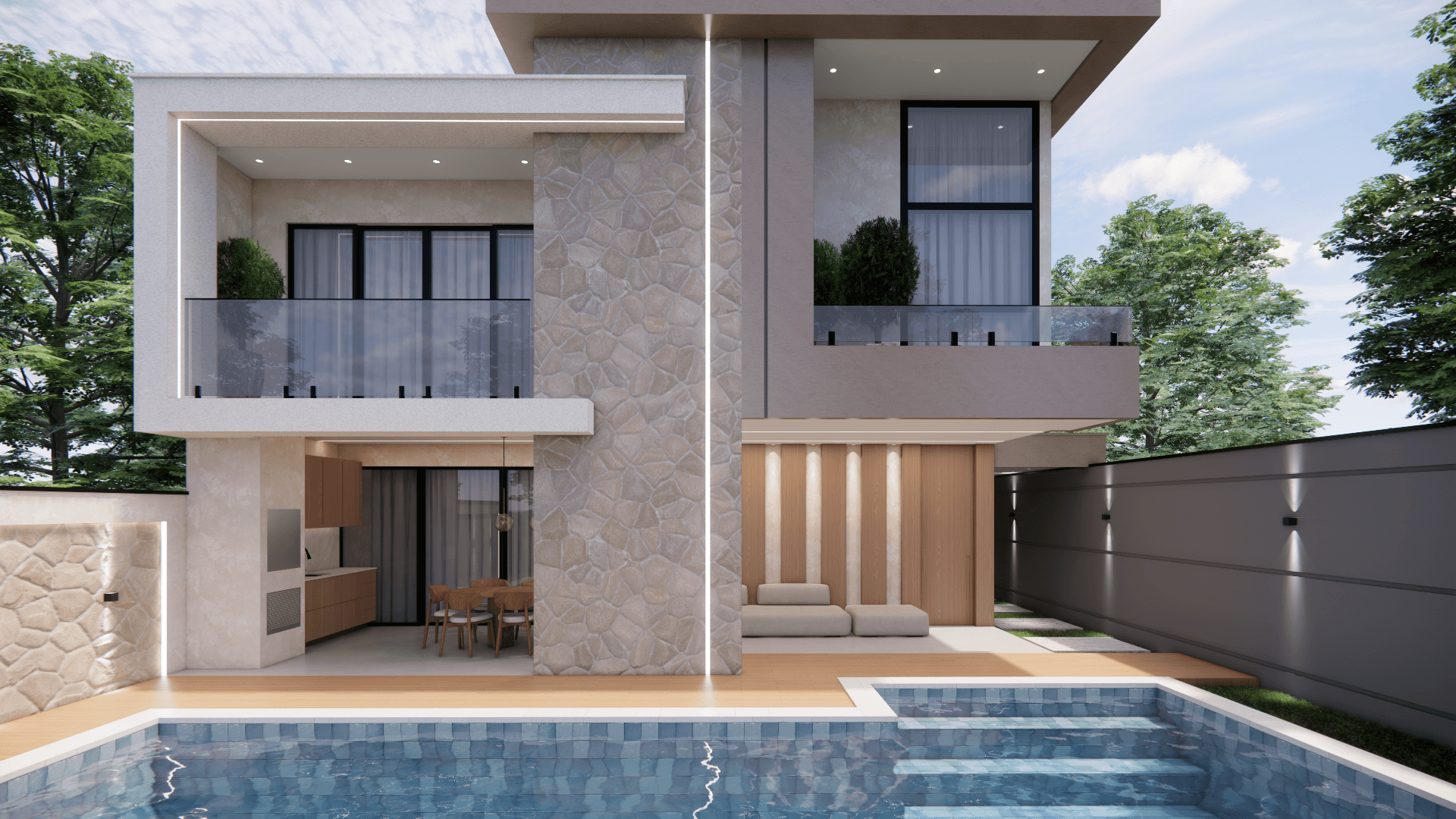 Área de lazer externa com piscina, deck e espaço gourmet integrado em residência de alto padrão.