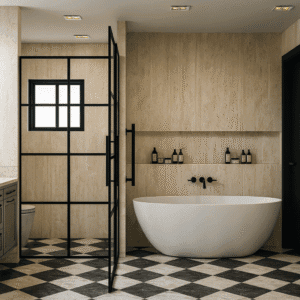 Banheiro de luxo estilo spa com banheira de imersão branca, box com esquadria preta estilo industrial e piso xadrez clássico.