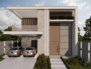 Fachada de casa sobrado moderna com detalhe vertical em madeira e volume em pedra, arquitetura residencial.