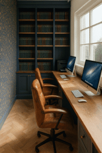 Escritório home office clássico com estante azul do chão ao teto, mesa ampla de madeira para dois postos de trabalho e cadeiras de couro caramelo.