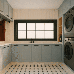 Área de serviço planejada com armários em azul estilo provençal, torre de lavagem preta e bancada organizada.