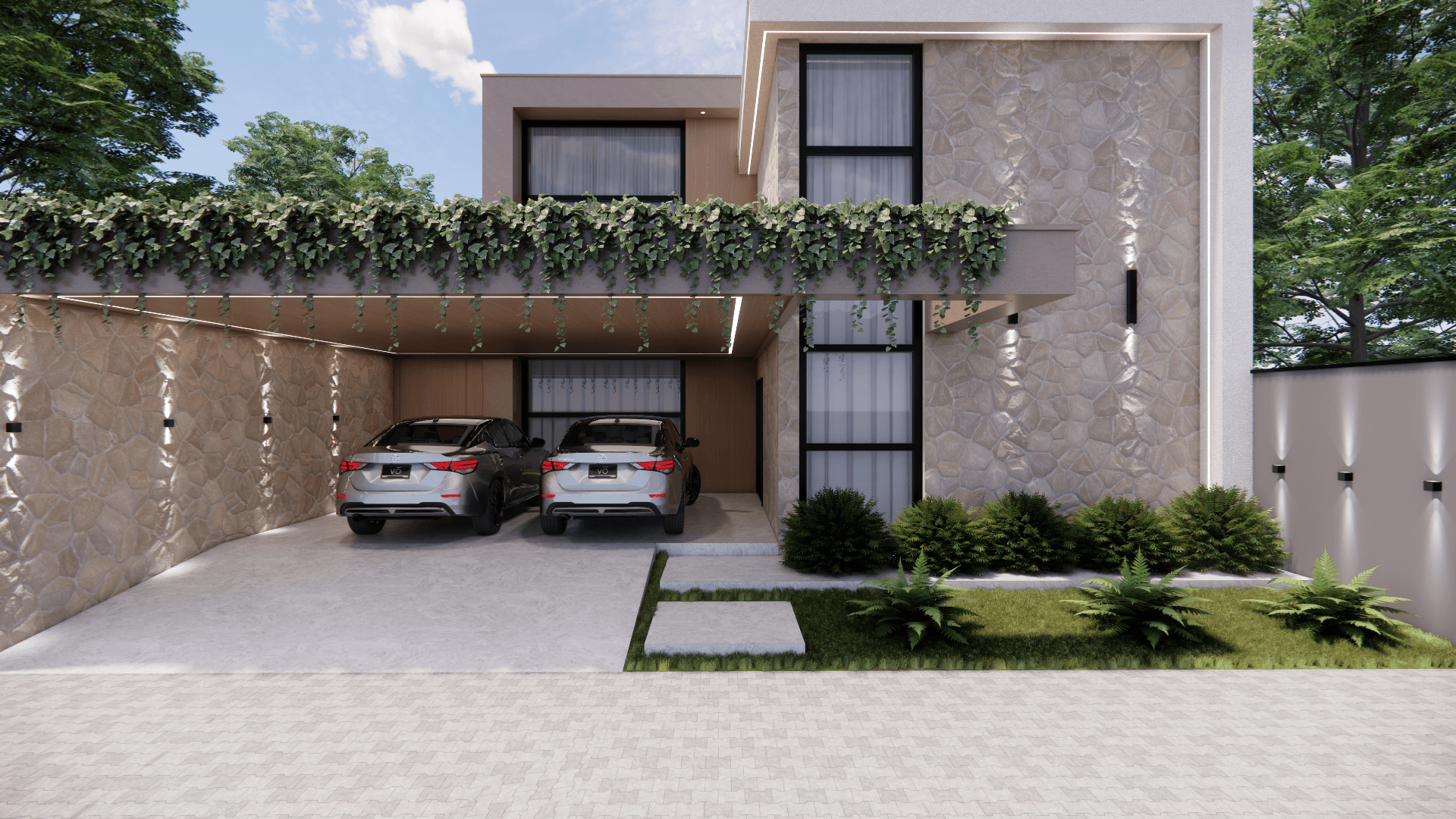 Fachada de casa de alto padrão em condomínio fechado em Blumenau, com revestimento em pedra natural e vegetação suspensa.