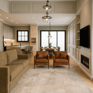 Living de luxo com pé direito alto, lareira, poltronas de couro e paredes com boiserie clássica.