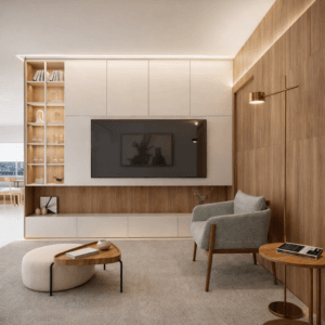 Sala integrada com mesa de jantar em madeira maciça, painel de TV suspenso e iluminação linear no forro.