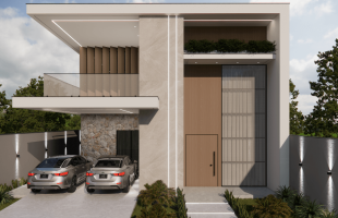 Fachada de casa sobrado moderna com detalhe vertical em madeira e volume em pedra, arquitetura residencial.