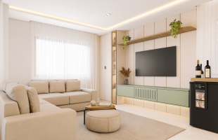 ala de estar (living) decorada em tons neutros e marcenaria sob medida, com adega e painel de TV minimalista.