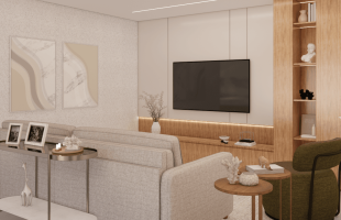 living-planejado-painel-tv-nicho-iluminado Living planejado com painel de TV em marcenaria clara, nicho vertical iluminado e sofá em tom neutro com poltrona verde.